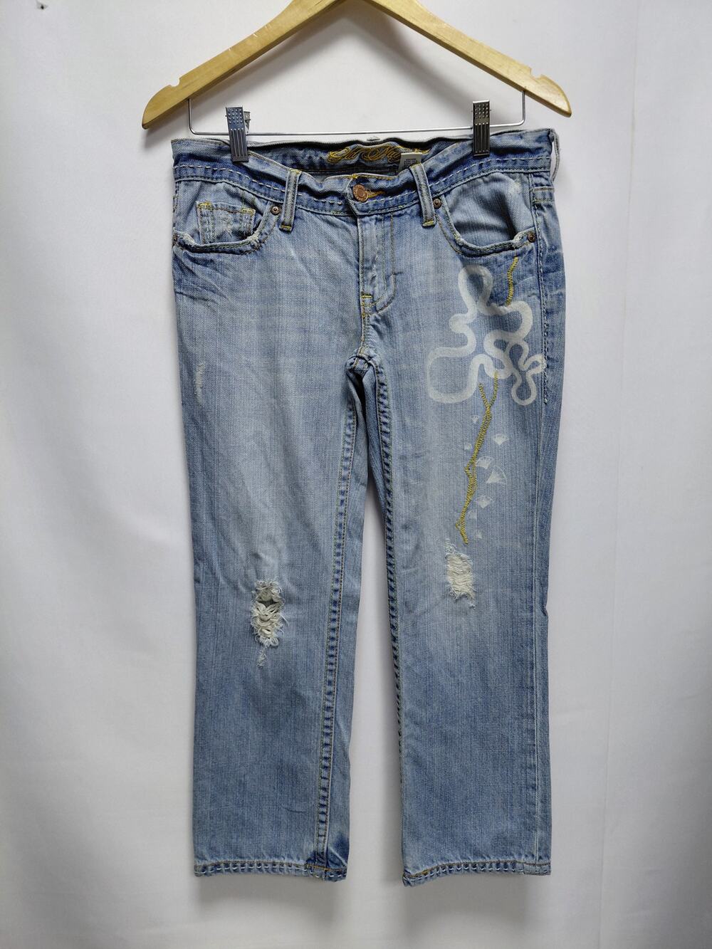 Old Navy Distressed Embroidered Jeans Blue Women Solid Denim Size 2